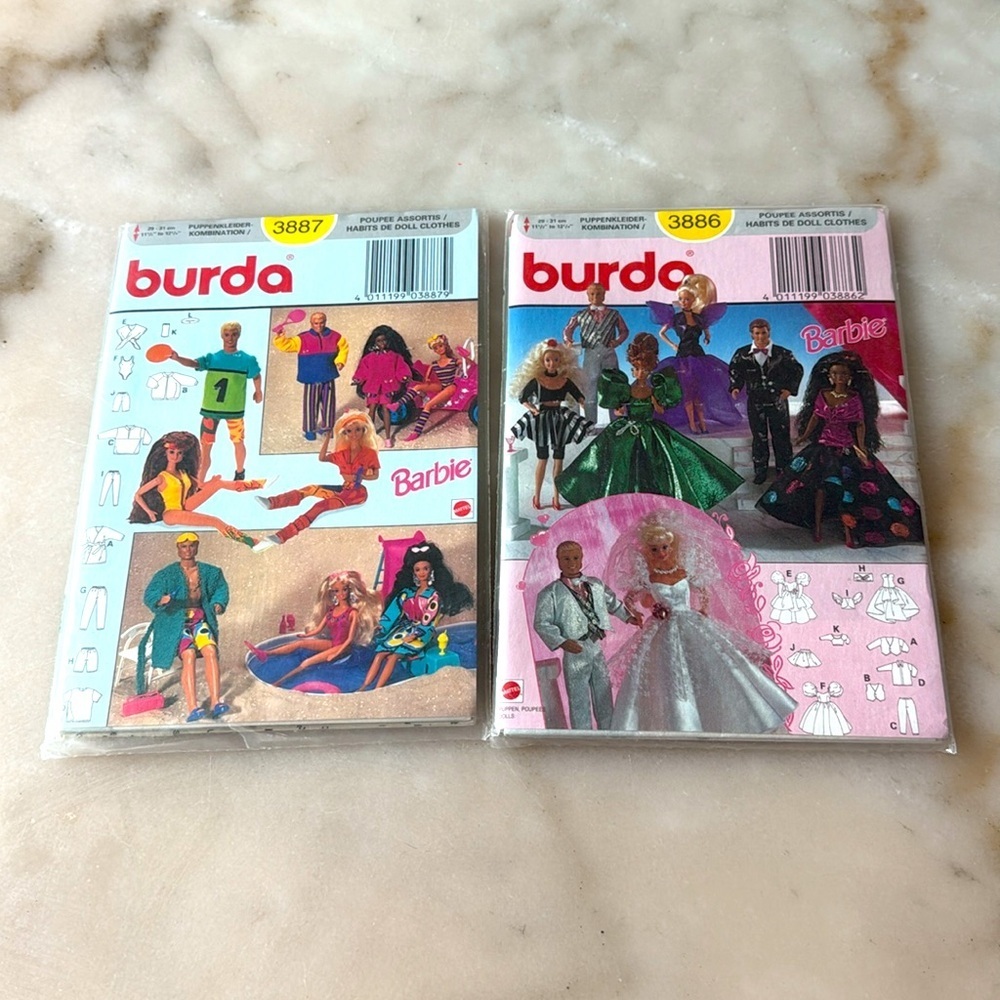 Burda 3886 3887  Barbie Ken Sewing Patterns Doll Clothes Party Swim Wedding NEW